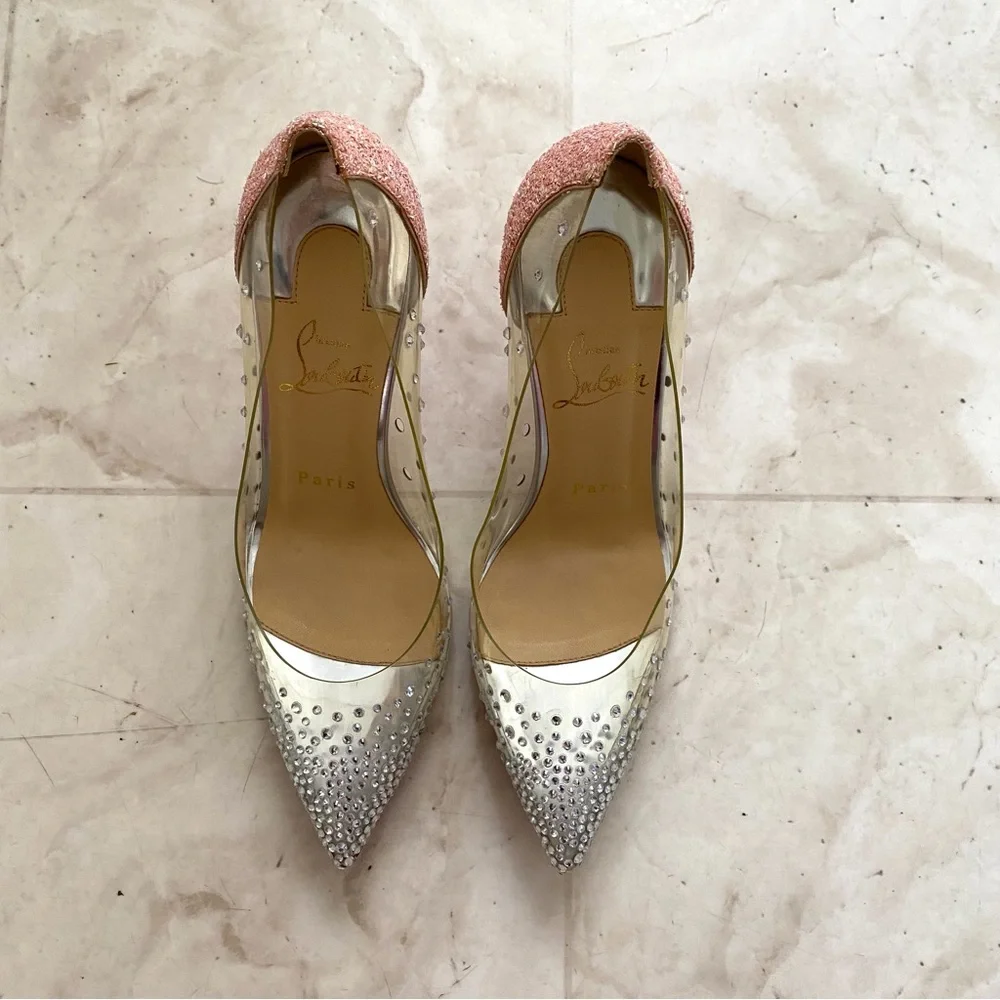 $1495 Christian Louboutin Degrastrass PVC Crystal Pink Glitter Pumps Heels 6/36